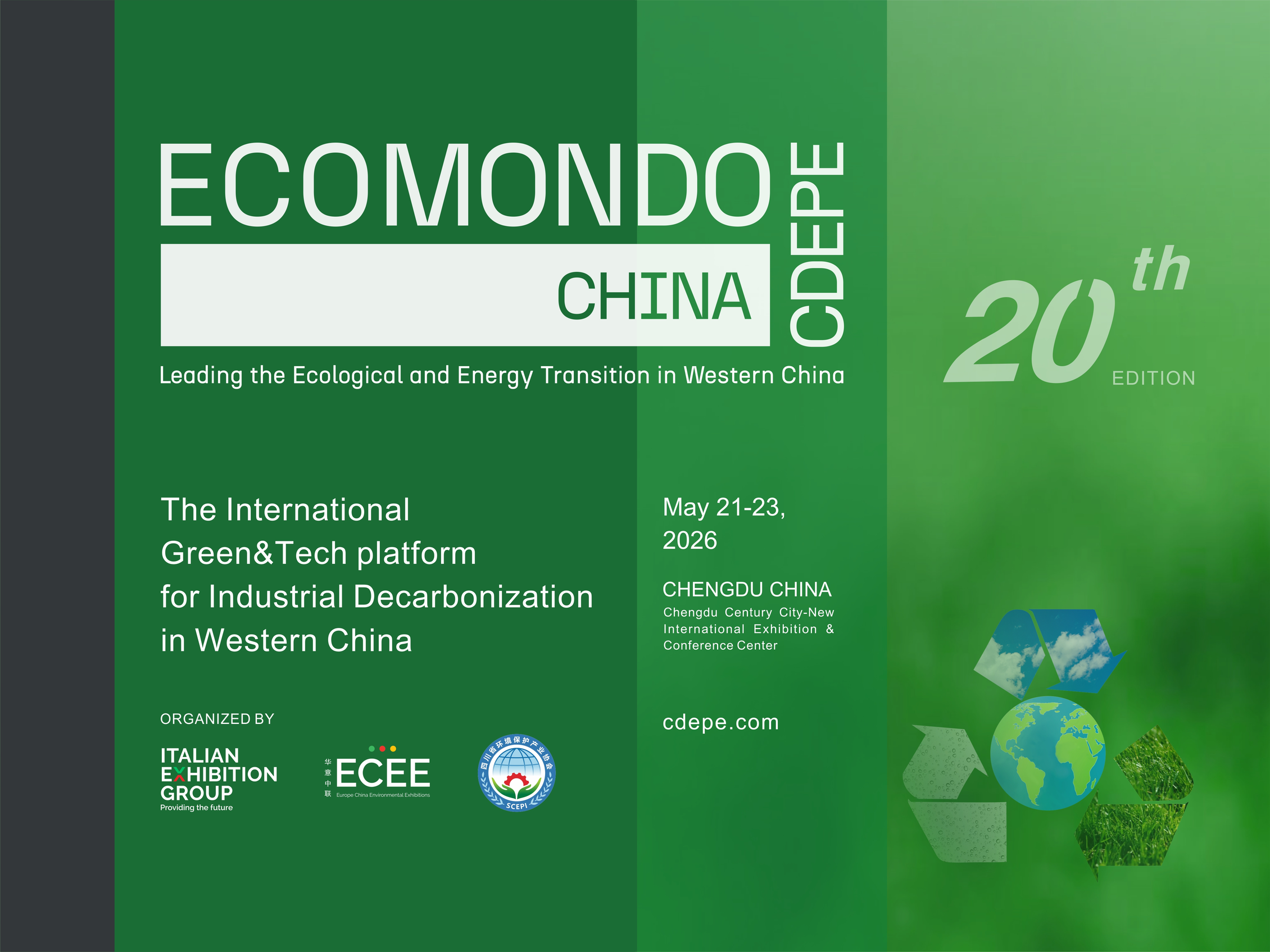 Locandina promozionale di “Ecomondo China – CDEPE”, 20ª edizione, in programma a Chengdu dal 21 al 23 maggio 2026. La grafica sottolinea la missione dell’evento per la transizione ecologica e la decarbonizzazione industriale della Cina occidentale