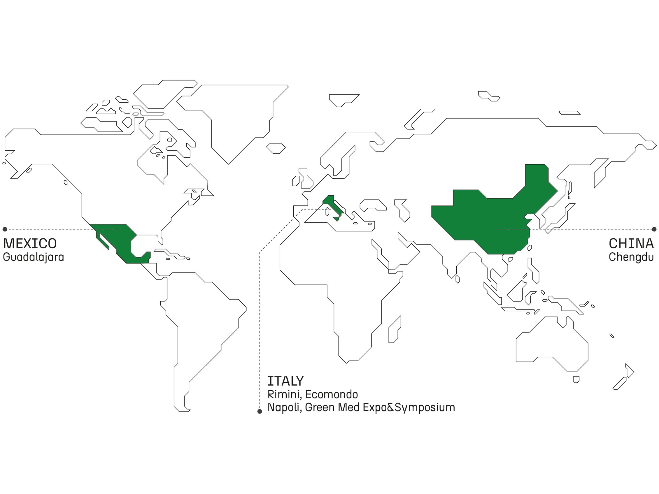 mappa del mondo stilizzata con tre aree colorate in verde che indicano i luoghi dove Ecomondo ha messo radici ovvero messico, italia, sia rimini che napoli e infine cina.