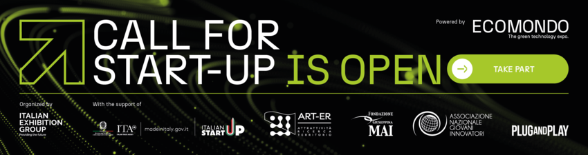 Banner with the text 'Call for Start-Up is open' and a green button labeled 'Take Part'. At the bottom the logos of the organizers, including Italian Exhibition Group, ITA – Italian Trade Agency, il Ministero delle Imprese e del Made in Italy, Italian StartUp, ART-ER Attrattività Ricerca Territorio, Fondazione Giacomo Brodolini MAI, Associazione Nazionale Giovani Innovatori e Plug and Play