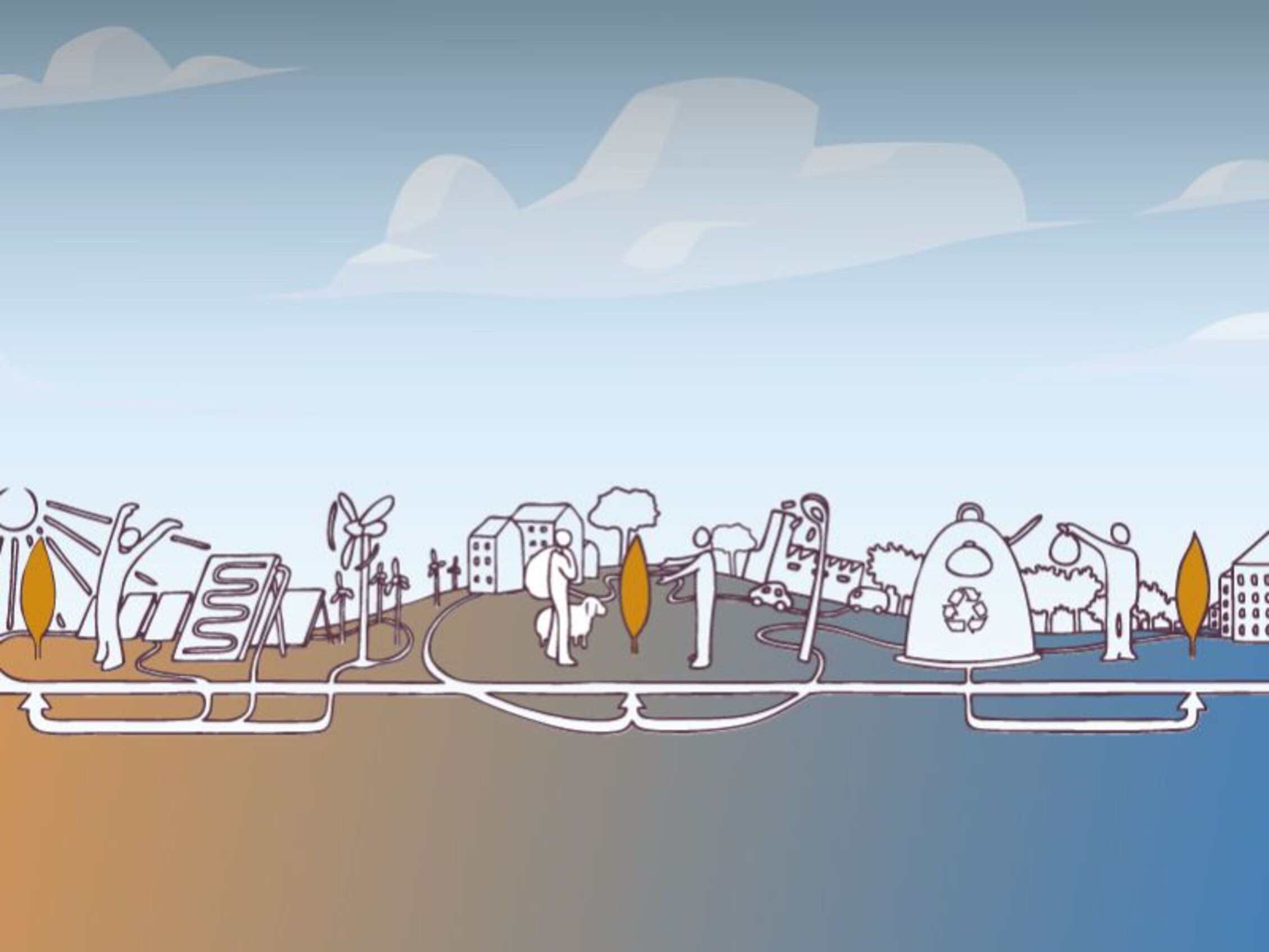 Illustrazione di una città sostenibile con figure stilizzate ed elementi come pannelli solari, turbine eoliche, alberi, cassonetti per la raccolta differenziata e infrastrutture ecologiche, tutti collegati fra di loro