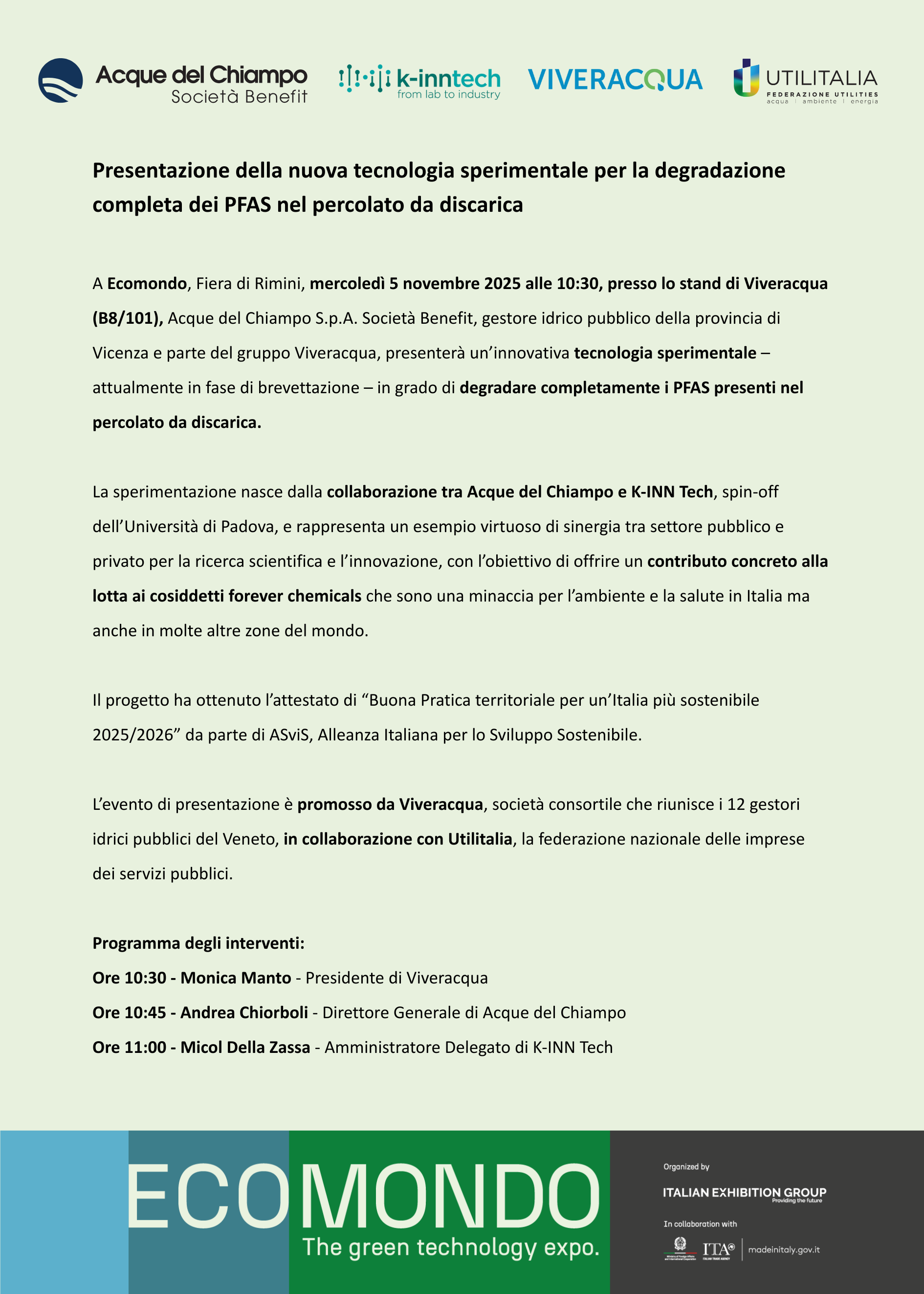 Presentazione della nuova tecnologia sperimentale per la degradazione completa dei PFAS nel percolato da discarica
